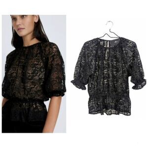 7 For All Mankind Women Black Soft Volume Lace Top Half Sleeve Elastic Waist S